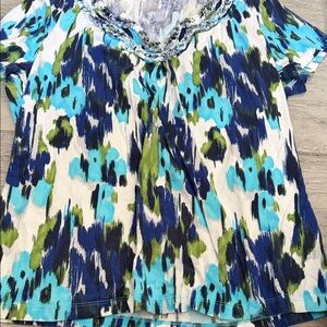St. John’s Bay Blue and Green Patterned Women's Top Petite Large